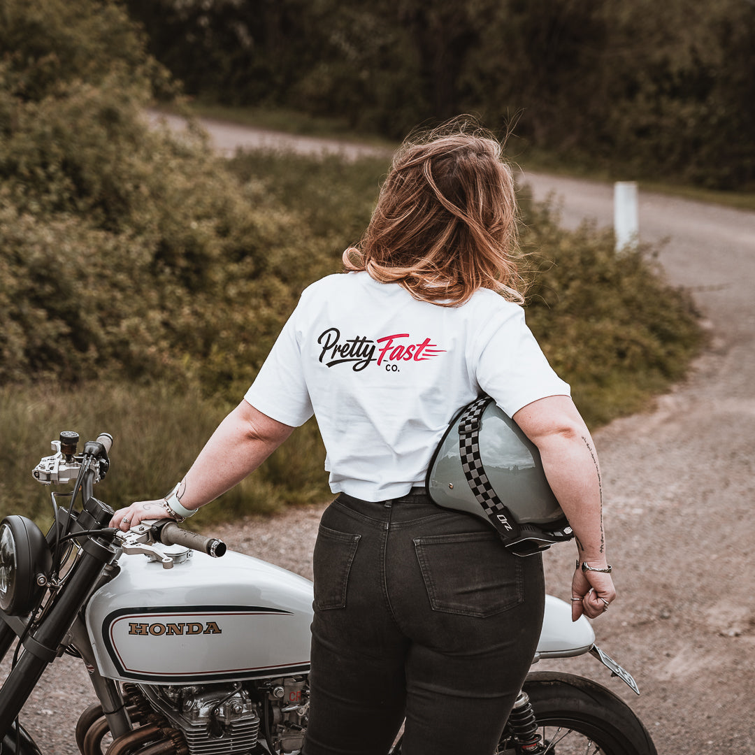 PrettyFastCo Original Cropped White Tee With Pink Logo
