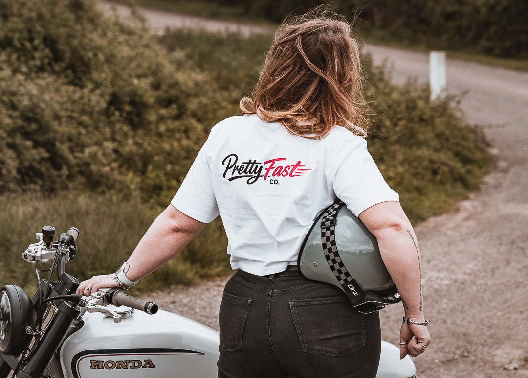 PrettyFastCo Original Cropped White Tee With Pink Logo
