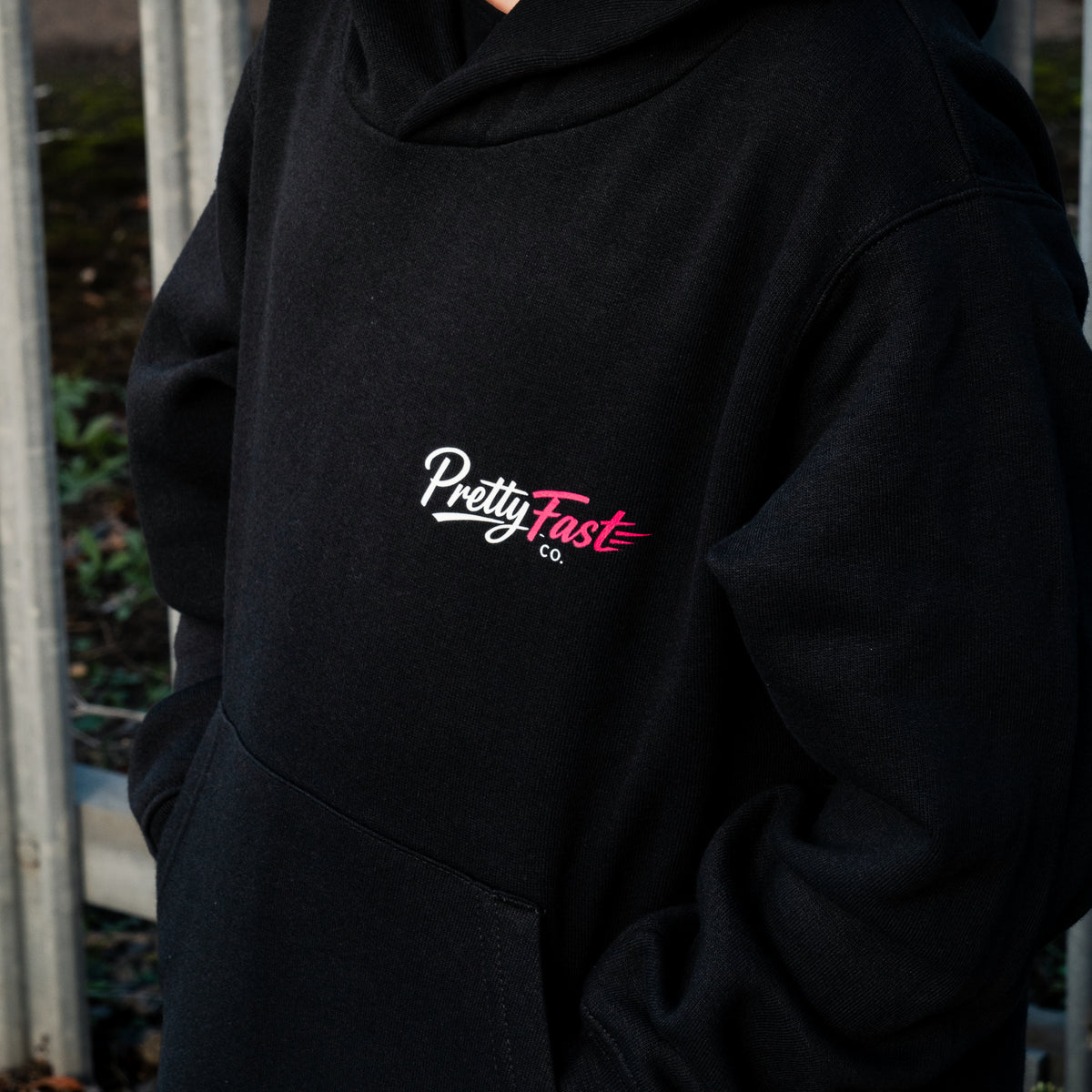 PrettyFastCo Kids Original Hoodie In Black With Pink Logo