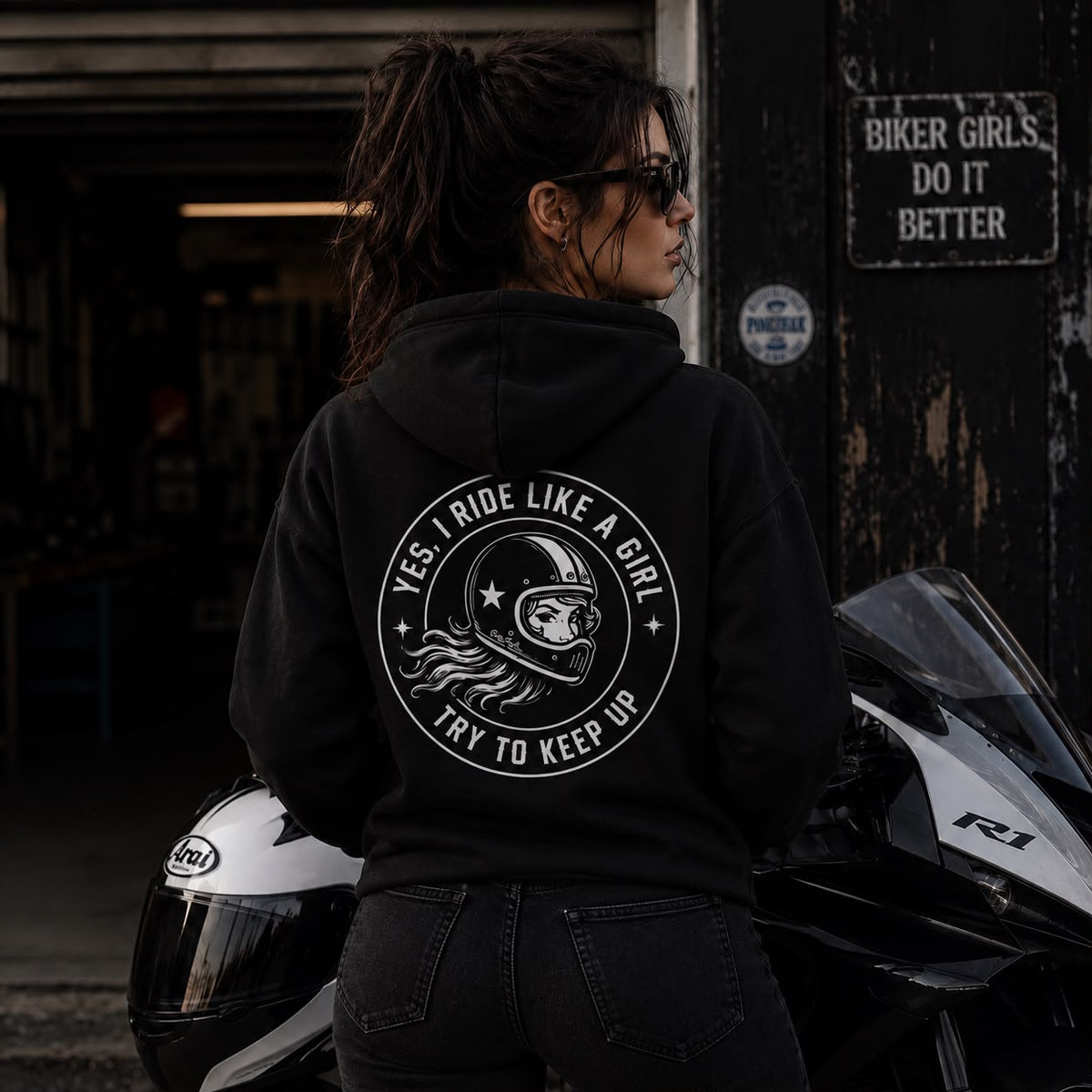 Pretty Fast Co Yes I Ride Like A Girl Hoodie In Black With White Logo