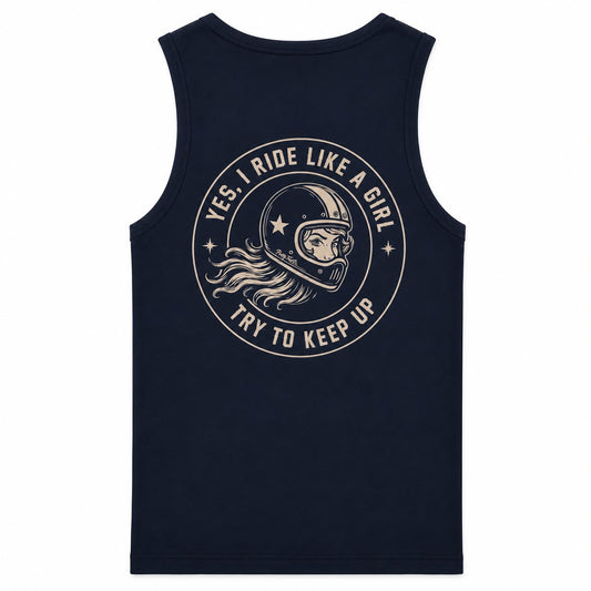 PrettyFastCo I Ride Like A Girl Vest In Navy With Sand Logo