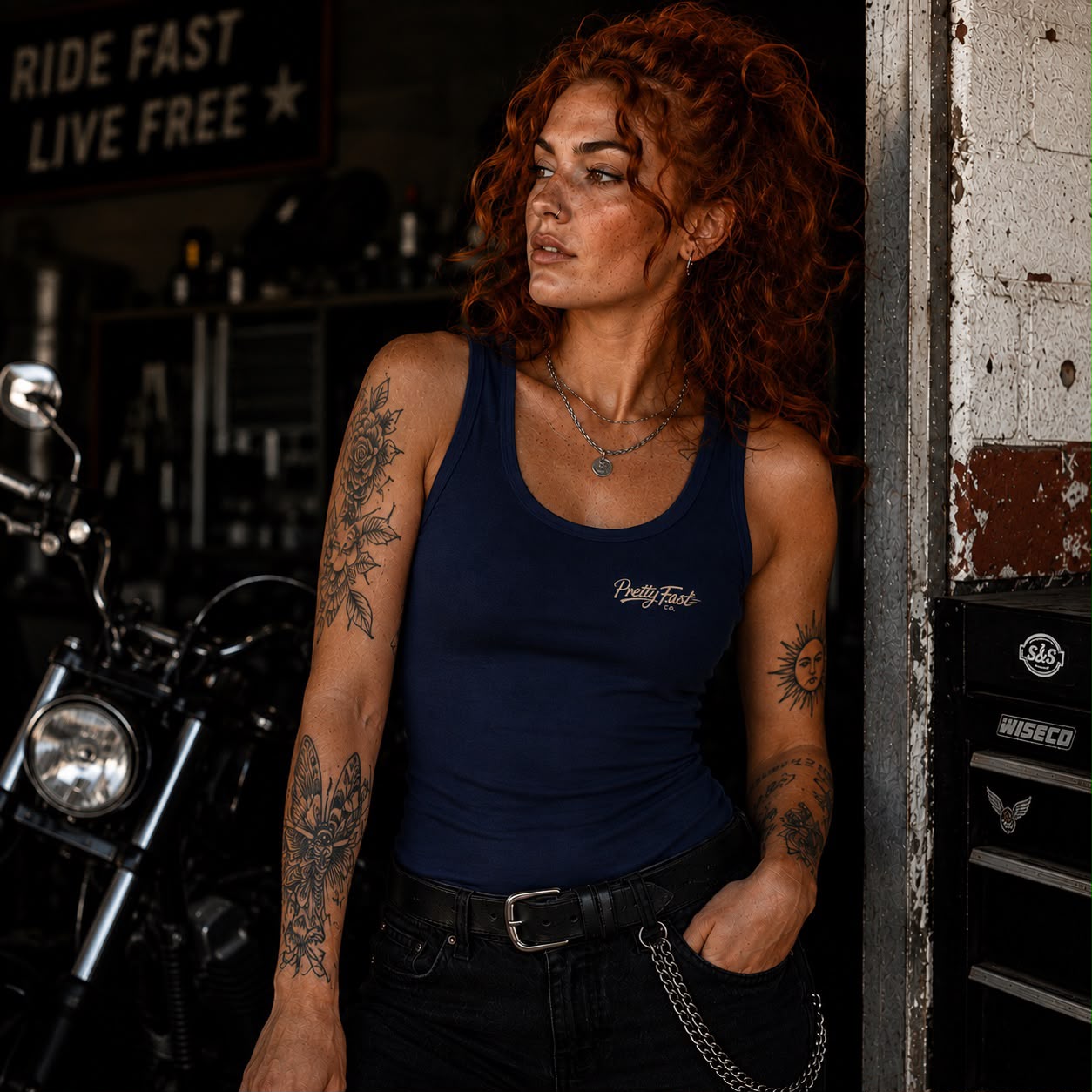 PrettyFastCo I Ride Like A Girl Vest In Navy With Sand Logo