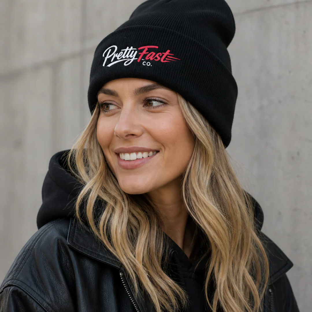 PrettyFastCo Beanie Black with Pink Logo