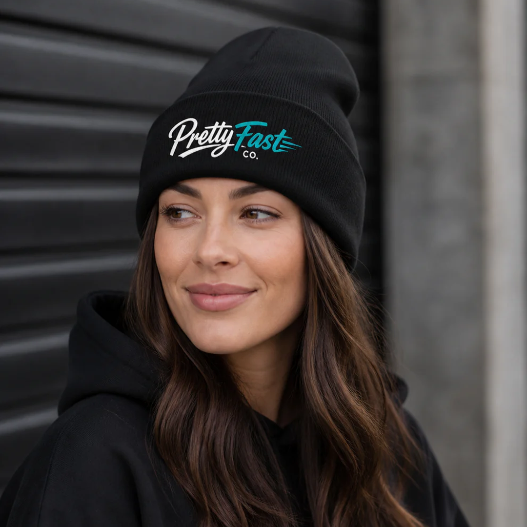 PrettyFastCo Beanie Black With Turquoise Logo