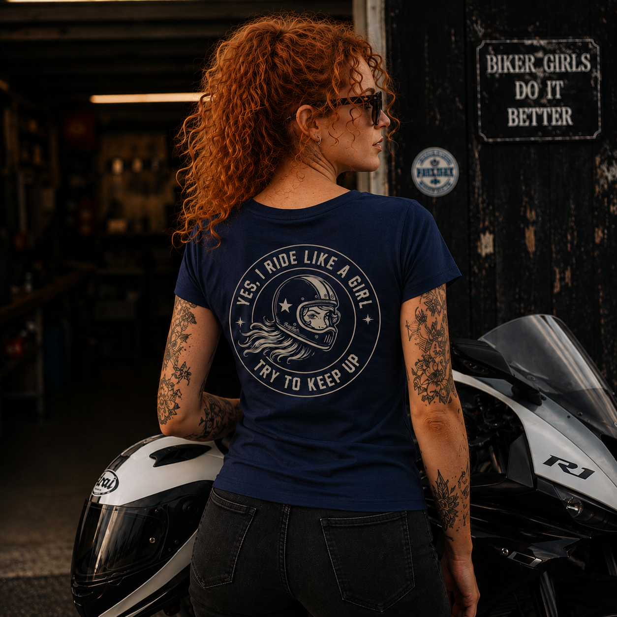 PrettyFastCo I Ride Like A Girl V Neck In Navy With Sand Logo