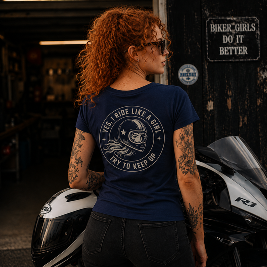 PrettyFastCo I Ride Like A Girl V Neck In Navy With Sand Logo