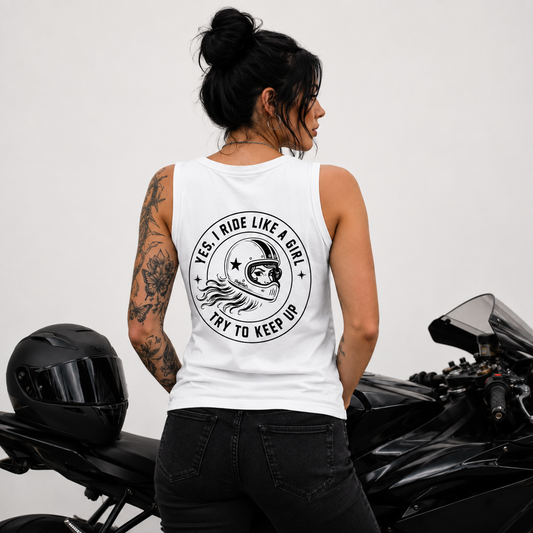 PrettyFastCo I Ride Like A Girl Vest In White With Black Logo