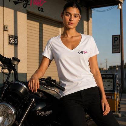 PrettyFastCo Original V-Neck Tee In White With Pink Logo