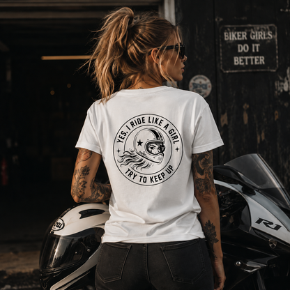 PrettyFastCo I Ride Like A Girl V Neck In White With Black Logo