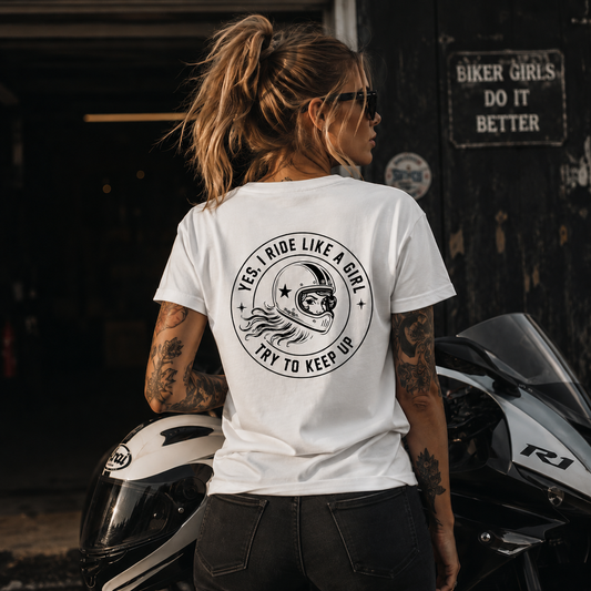 PrettyFastCo I Ride Like A Girl V Neck In White With Black Logo