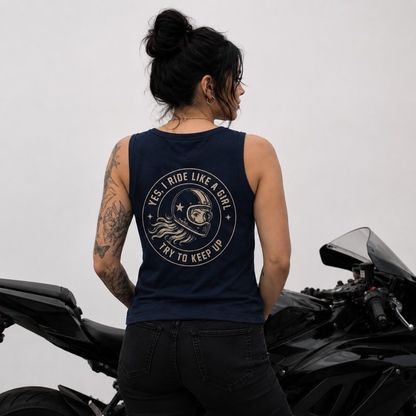PrettyFastCo I Ride Like A Girl Vest In Navy With Sand Logo