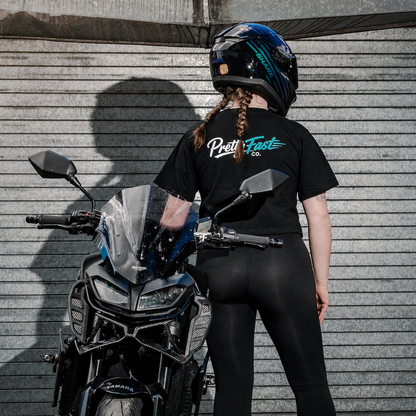 PrettyFastCo Original Cropped Black Tee With Turquoise Logo