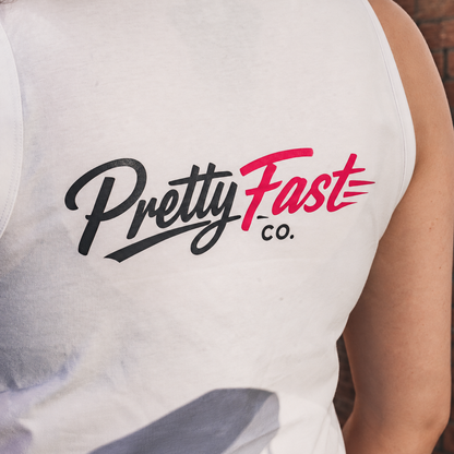 PrettyFastCo Original Cropped Vest In White With Pink Logo