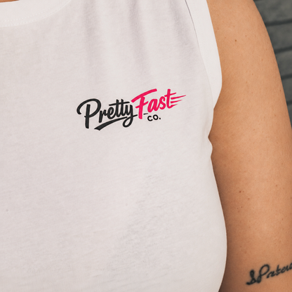 PrettyFastCo Original Cropped Vest In White With Pink Logo