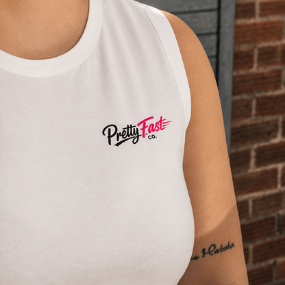 PrettyFastCo Original Cropped Vest In White With Pink Logo