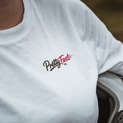 PrettyFastCo Original Cropped White Tee With Pink Logo