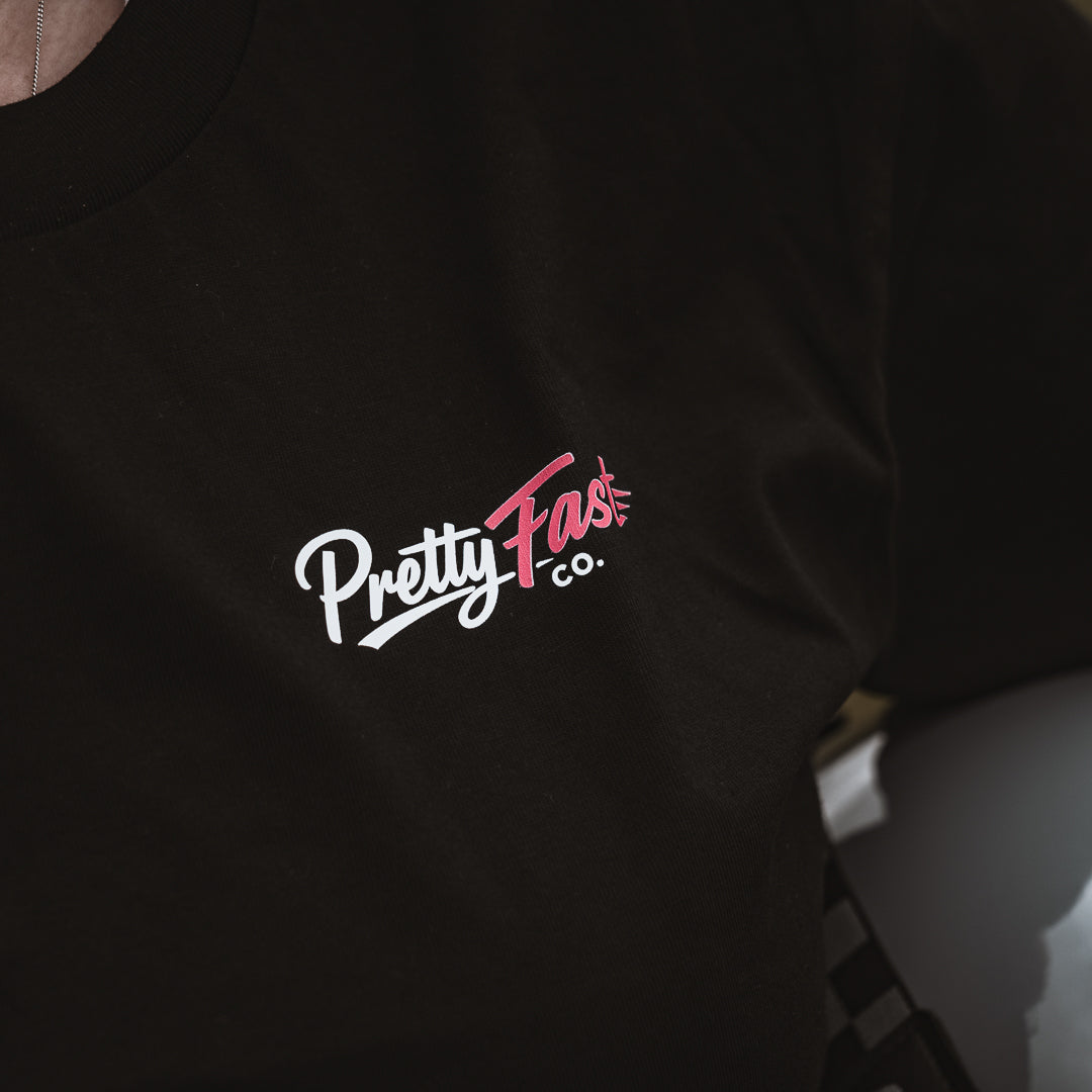 PrettyFastCo Original Cropped Black Tee With Pink Logo