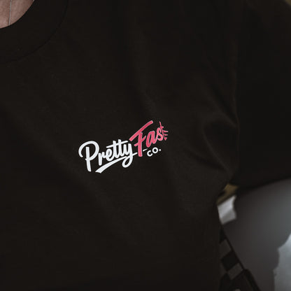 PrettyFastCo Original Cropped Black Tee With Pink Logo