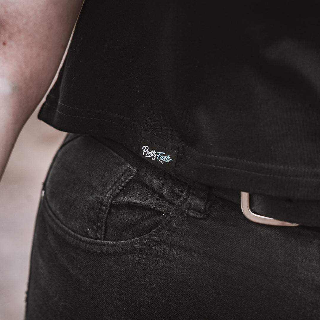 PrettyFastCo Original V-Neck Tee In Black With Turquoise Logo