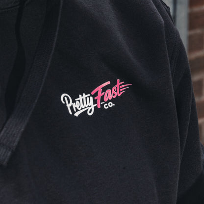 PrettyFastCo Original Hoodie In Black With Pink Logo
