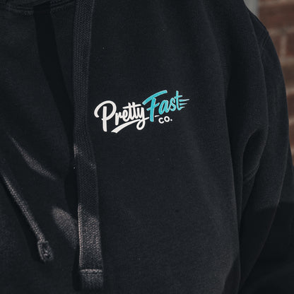 PrettyFastCo Original Hoodie In Black With Turquoise Logo