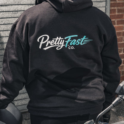 PrettyFastCo Original Hoodie In Black With Turquoise Logo