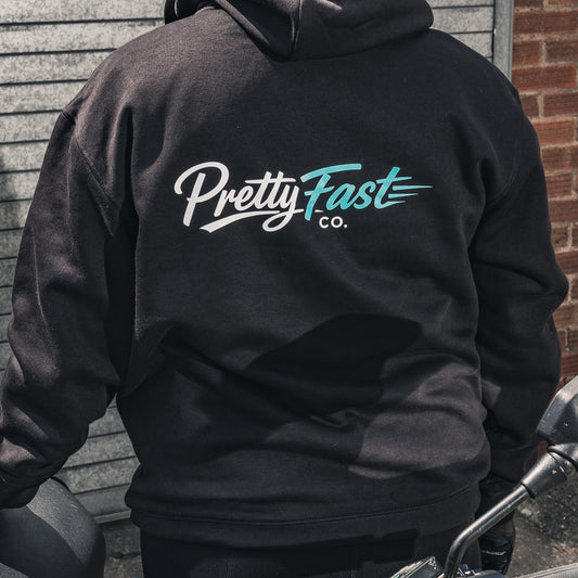 PrettyFastCo Original Hoodie In Black With Turquoise Logo