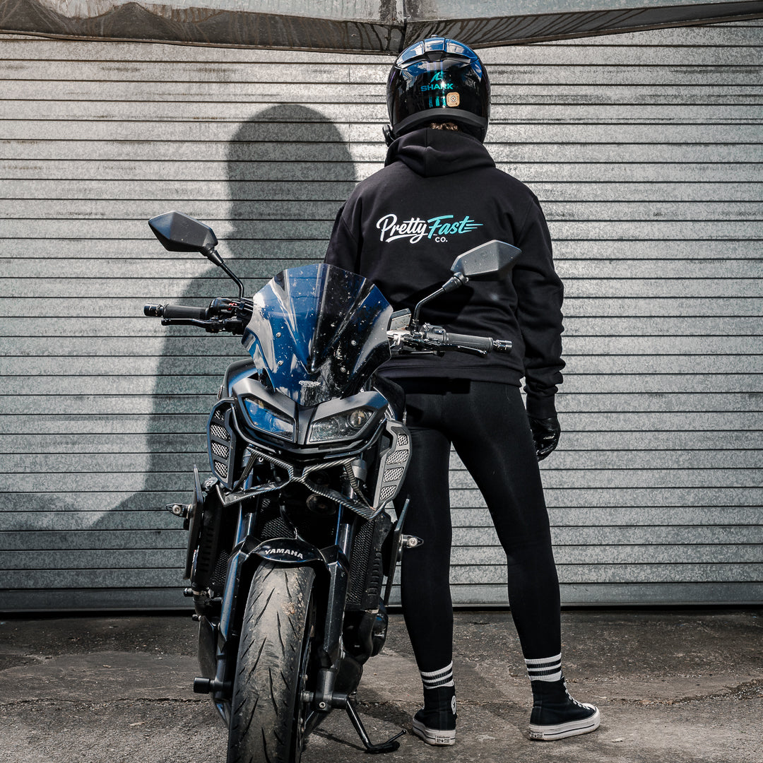 PrettyFastCo Original Hoodie In Black With Turquoise Logo
