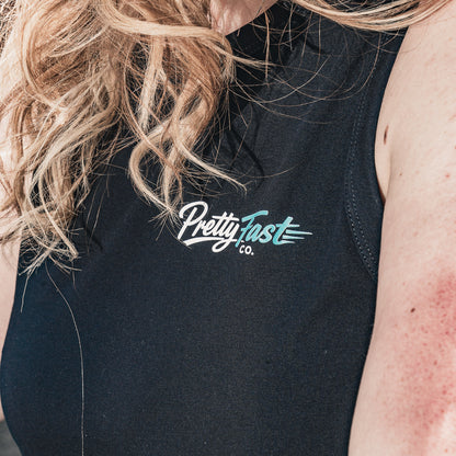 PrettyFastCo Original Cropped Vest In Black With Turquoise Logo