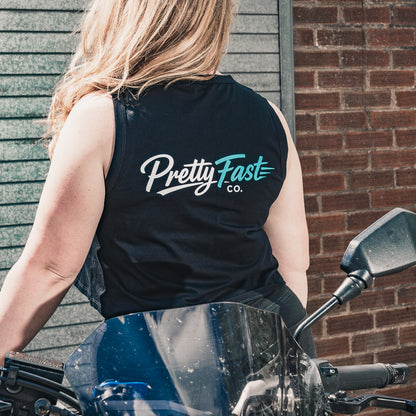 PrettyFastCo Original Cropped Vest In Black With Turquoise Logo
