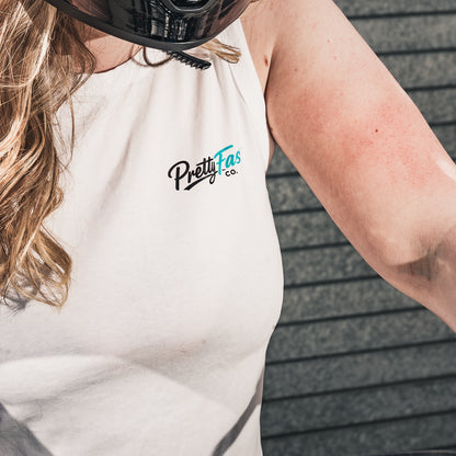 PrettyFastCo Original Cropped Vest In White With Turquoise Logo