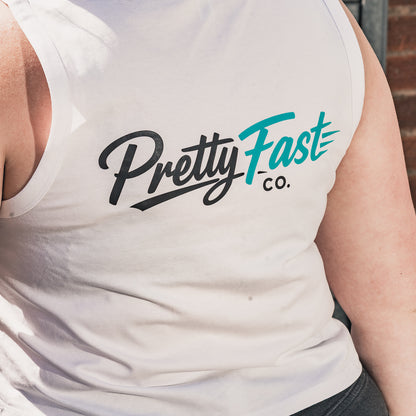 PrettyFastCo Original Cropped Vest In White With Turquoise Logo