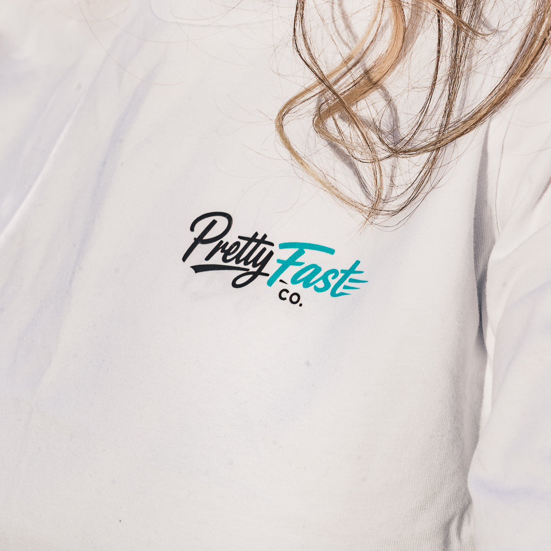 PrettyFastCo Original Cropped White Tee With Turquoise Logo
