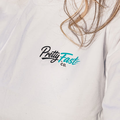 PrettyFastCo Original Cropped White Tee With Turquoise Logo