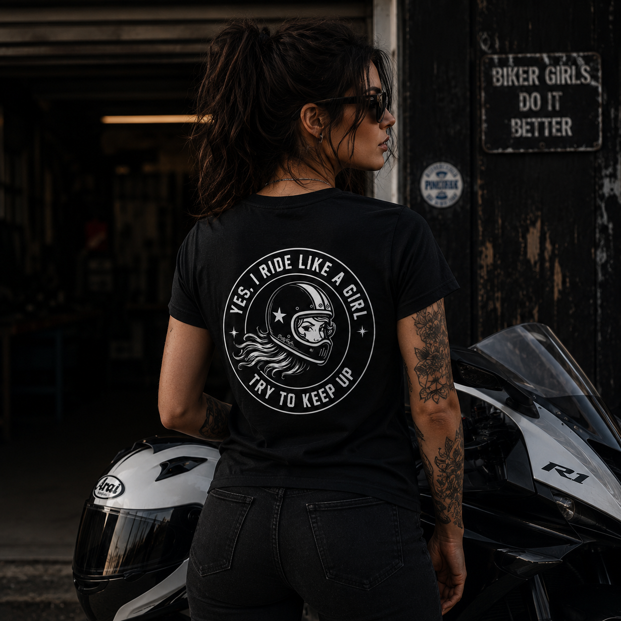PrettyFastCo I Ride Like A Girl V Neck In Black With White Logo