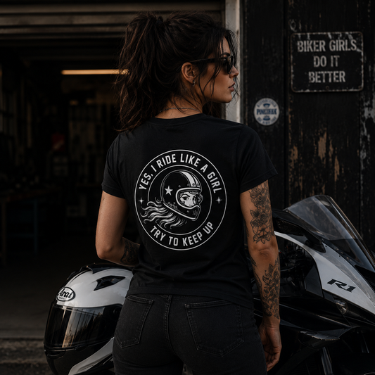 PrettyFastCo I Ride Like A Girl V Neck In Black With White Logo