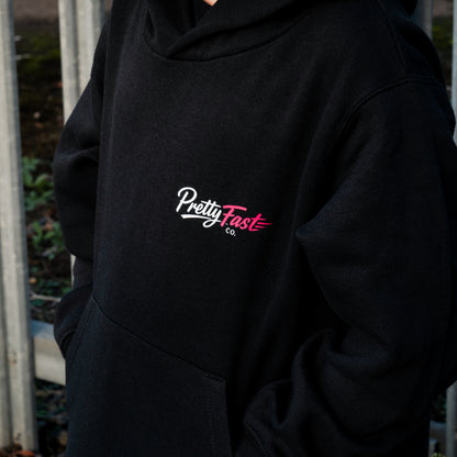 PrettyFastCo Kids Original Hoodie In Black With Pink Logo