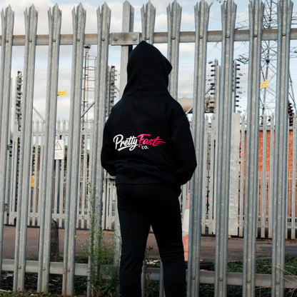 PrettyFastCo Kids Original Hoodie In Black With Pink Logo