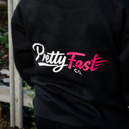 PrettyFastCo Kids Original Hoodie In Black With Pink Logo