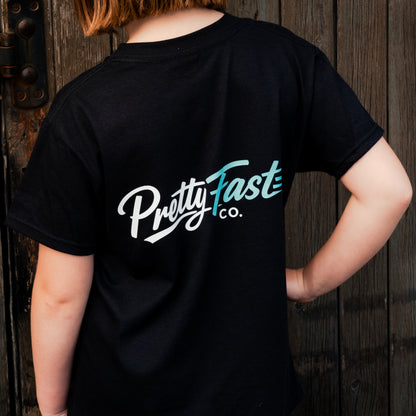 PrettyFastCo Kids Original Tee In Black With Turquoise Logo