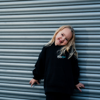PrettyFastCo Kids Original Hoodie In Black With Turquoise Logo