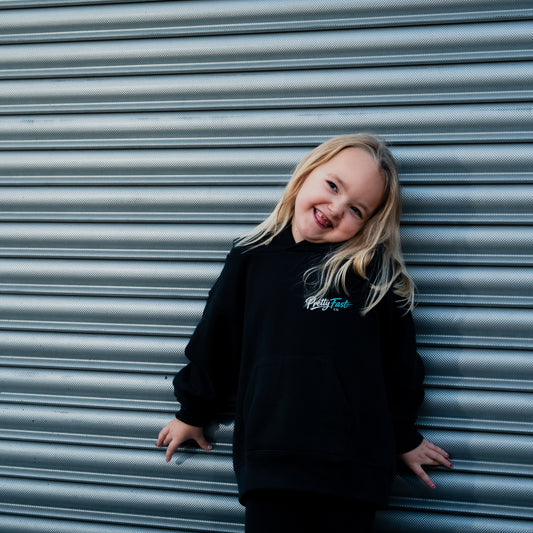 PrettyFastCo Kids Original Hoodie In Black With Turquoise Logo