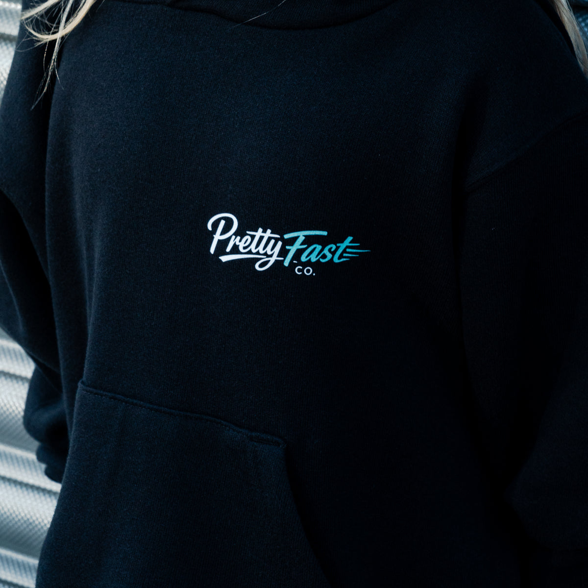 PrettyFastCo Kids Original Hoodie In Black With Turquoise Logo