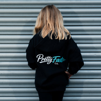 PrettyFastCo Kids Original Hoodie In Black With Turquoise Logo