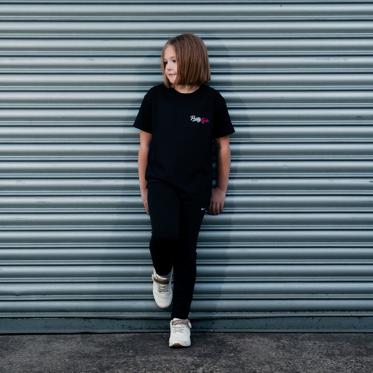 PrettyFastCo Kids Original Tee In Black With Pink Logo