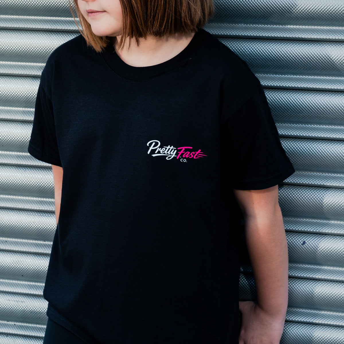 PrettyFastCo Kids Original Tee In Black With Pink Logo