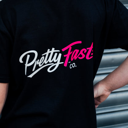 PrettyFastCo Kids Original Tee In Black With Pink Logo