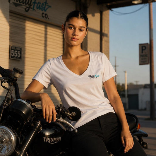 PrettyFastCo Original V-Neck Tee In White With Turquoise Logo