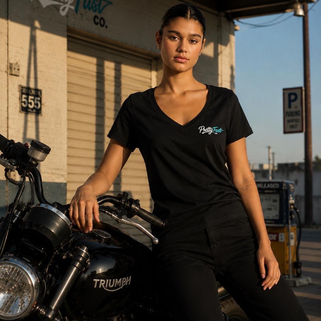 PrettyFastCo Original V-Neck Tee In Black With Turquoise Logo