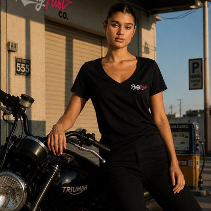 PrettyFastCo Original V-Neck Tee In Black With Pink Logo